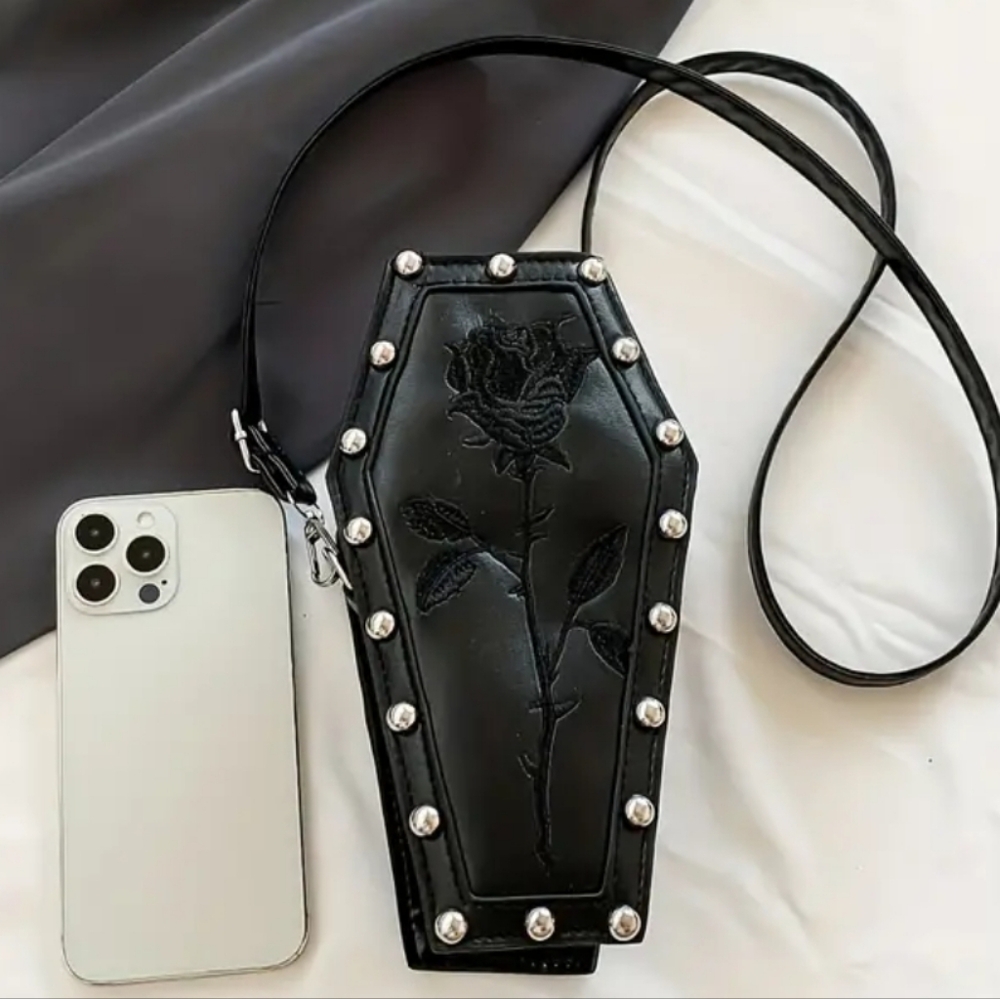 Mini Dark Crossbody Coffin Shaped Bag - Picture 5 of 6